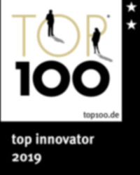 The logo for the Top 100 Innovator Award 2019 with which the Masterflex Group was awarded for the second time in 2019.